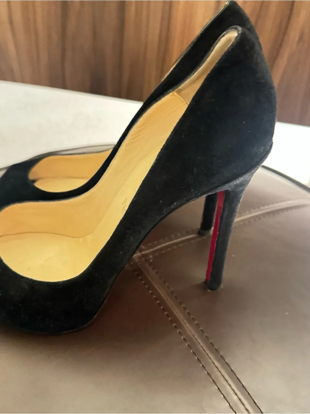 Christian Louboutin Black Suede Peep-Toe Pumps with Signature Red Sole